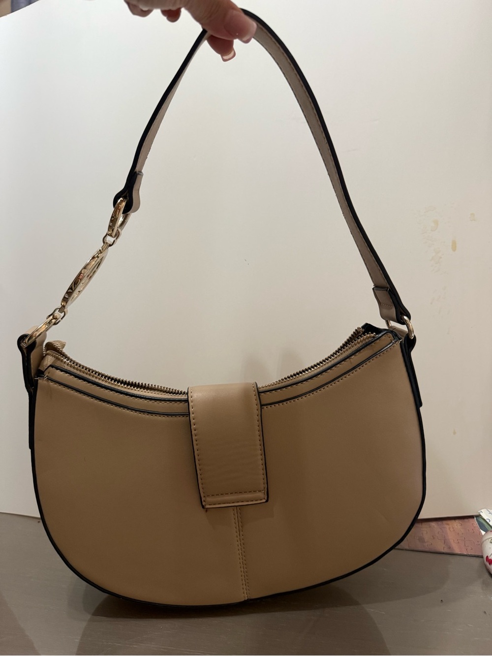 Taupe Curved Shoulder Bag with Gold Accent - Picture 3 of 3